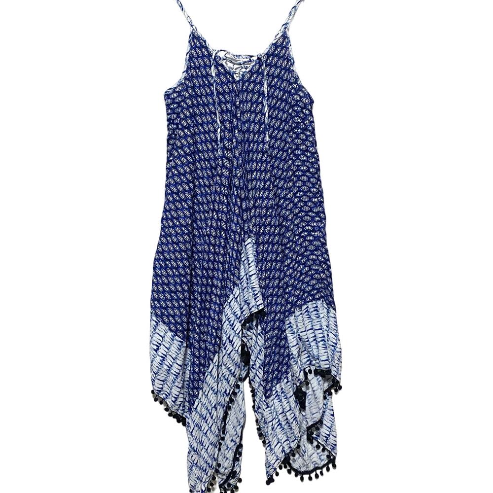 Jessica Simpson Ikat Handkerchief Hem Dress M Blue Tassel Boho Beach Cover Up